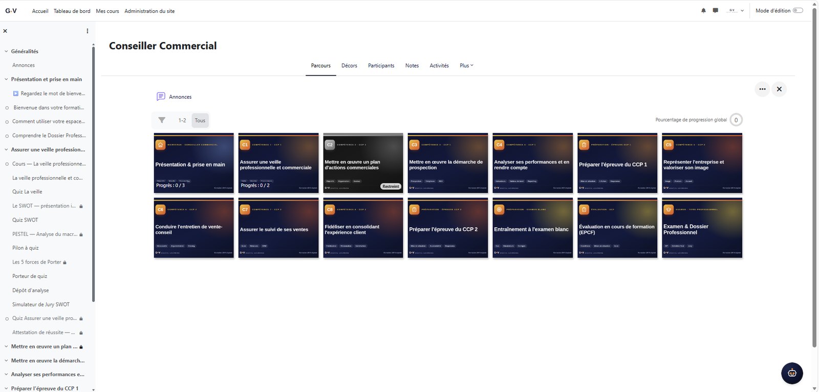 Le parcours Conseiller Commercial dans Moodle
